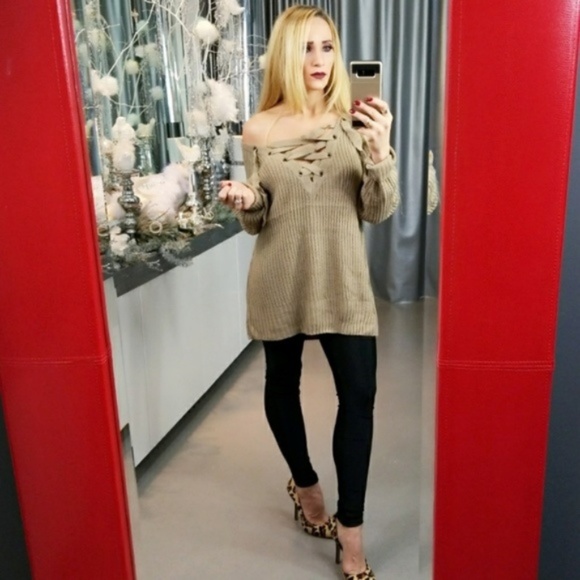 Lace Up Tan Sweater Top - Picture 3 of 4